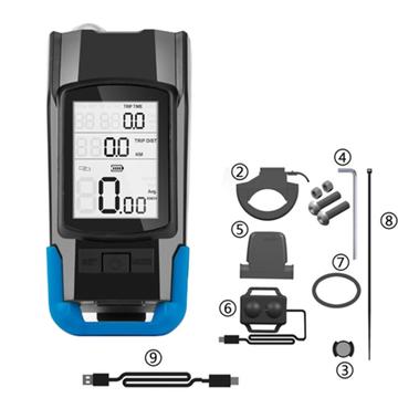 3-en-1 Luz de bicicleta Velocímetro USB recargable Ordenador de bicicleta 120dB Timbre de bicicleta Bocina - Azul