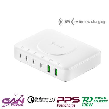 Estación de carga GaN 7 en 1 4smarts - 100W, 4x USB-C, 2x USB-A - Blanco