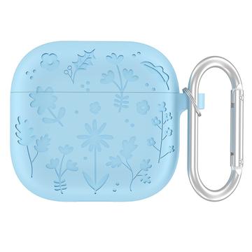 Funda de silicona líquida AirPods 4 con estampado de flores y mosquetón - Azul bebé