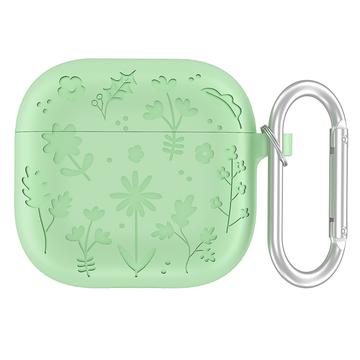 Funda de silicona líquida AirPods 4 con estampado de flores y mosquetón - Verde