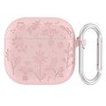 Funda de silicona líquida AirPods 4 con estampado de flores y mosquetón - Rosa claro