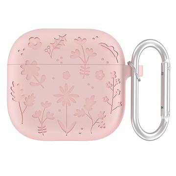 Funda de silicona líquida AirPods 4 con estampado de flores y mosquetón - Rosa claro