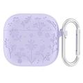 Funda de silicona líquida AirPods 4 con estampado de flores y mosquetón - Morado claro