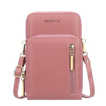 BAELLERRY N0110 Mujeres de doble capa de cremallera cartera de cuero de PU monedero del teléfono móvil con correa para el hombro - Rosa Oscuro