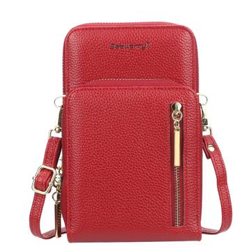 BAELLERRY N0110 Mujeres Doble Capa Cremallera Cartera PU Cuero Celular Monedero con Bandolera - Rojo