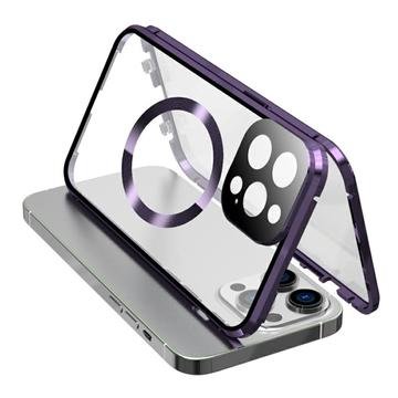 Compatible con MagSafe Case para iPhone 15 Pro Marco de metal magnético + cubierta de teléfono de cristal templado de doble cara con cierre de hebilla - Morado