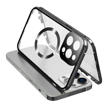 Funda anti-caída de doble cara de vidrio templado + marco metálico magnético para iPhone 15 compatible con MagSafe Phone Cover con cierre de hebilla - Negro