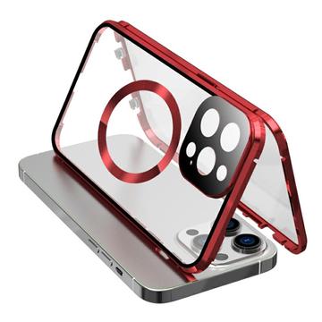 Funda anti-caída de doble cara de vidrio templado + marco metálico magnético para iPhone 15 compatible con MagSafe Phone Cover con cierre de hebilla - Rojo