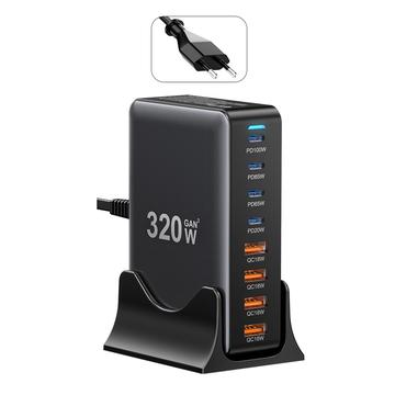 Cargador de sobremesa multipuerto GaN de 320W de Essager - 4 puertos USB-A y 4 puertos Tipo-C, enchufe UE - Negro