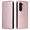 Funda con Tapa para Samsung Galaxy Z Fold5 - Fibra de Carbon - Rosa Dorado