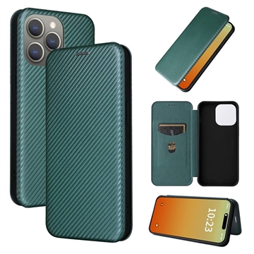 Funda con Tapa para iPhone 15 Pro - Fibra de Carbon - Verde