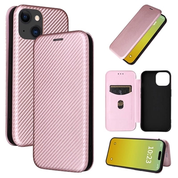 Funda con Tapa para iPhone 15 Plus - Fibra de Carbon - Rosa Dorado