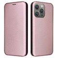 Funda con Tapa para iPhone 15 Pro Max - Fibra de Carbon - Rosa Dorado