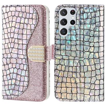 Funda Croco Bling para Samsung Galaxy S23 Ultra 5G - Estilo Cartera - Rosa Dorado