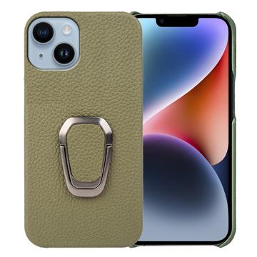 Carcasa Recubierta de Cuero con Anillo Soporte para iPhone 14 - Verde Oscuro