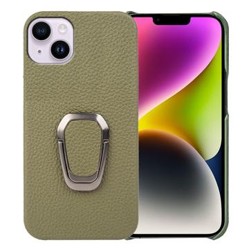 Carcasa Recubierta de Cuero con Anillo Soporte para iPhone 14 Plus - Verde Oscuro