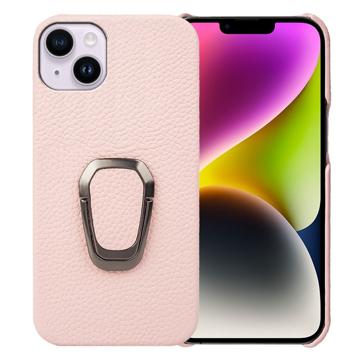 Carcasa Recubierta de Cuero con Anillo Soporte para iPhone 14 Plus - Rosa