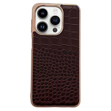 Carcasa Recubierta de Cuero para iPhone 14 Pro - Serie Cocodrilo - Café