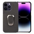 Carcasa Recubierta de Cuero con Anillo Soporte para iPhone 14 Pro Max - Negro