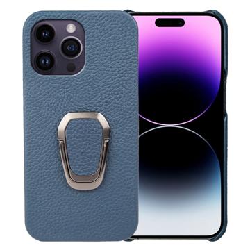 Carcasa Recubierta de Cuero con Anillo Soporte para iPhone 14 Pro Max - Azul