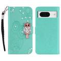 Google Pixel 8 Búho Rhinestone Funda billetera - Cyan