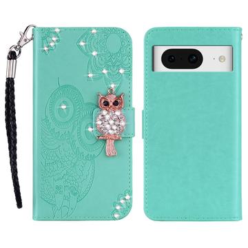 Google Pixel 8 Búho Rhinestone Funda billetera - Cyan