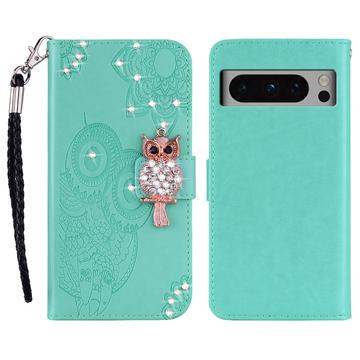 Google Pixel 8 Pro Búho Rhinestone Funda billetera - Cyan