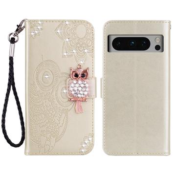 Google Pixel 8 Pro Búho Rhinestone Funda Billetera - Oro