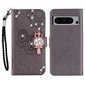 Google Pixel 8 Pro Búho Rhinestone Funda Billetera - Gris