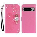 Google Pixel 8 Pro Búho Rhinestone Funda Cartera - Rosa Fuerte