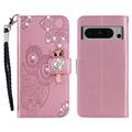 Google Pixel 8 Pro Búho Rhinestone Funda billetera - Oro rosa