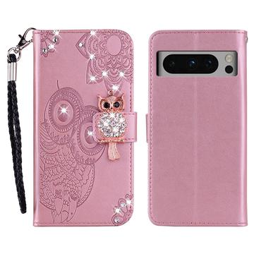 Google Pixel 8 Pro Búho Rhinestone Funda billetera - Oro rosa