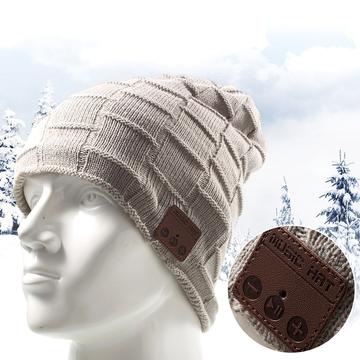 Gorro de invierno con diseño de rejilla, auriculares Bluetooth inalámbricos y micrófono incorporados - Gris claro