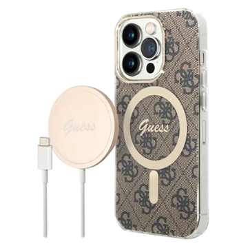 Carcasa & Cargador Inalámbrico Guess 4G Edition Bundle Pack para iPhone 14 Pro - Marrón