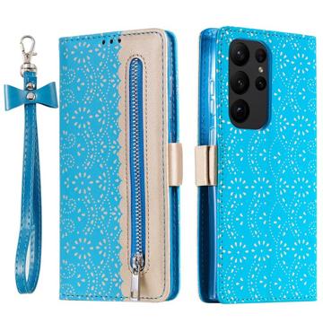 Funda Lace Pattern para Samsung Galaxy S23 Ultra 5G - Estilo Cartera - Azul