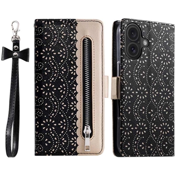 Funda Lace Pattern para iPhone 16 - Estilo Cartera - Negro