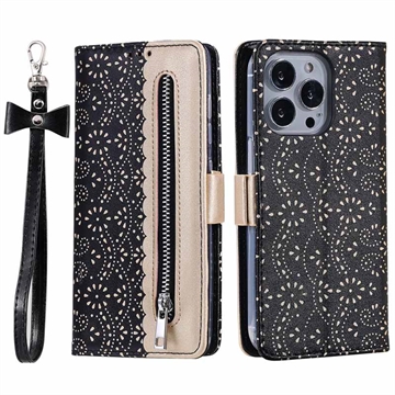 Funda Lace Pattern para iPhone 16 Pro Max - Estilo Cartera - Negro