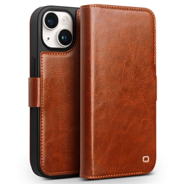 Funda Clásica de Cuero Qialino para iPhone 15 Plus - Estilo Cartera - Marrón Claro