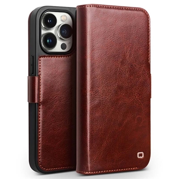 Funda Clásica de Cuero Qialino para iPhone 15 Pro Max - Estilo Cartera - Marrón Oscuro