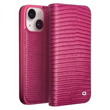 Funda de Cuero Qialino para iPhone 15 Plus - Estilo Cartera - Cocodrilo - Rosa Fuerte