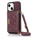 Funda con Cartera Rhinestone Decor para iPhone 14 Plus - Vino Tinto