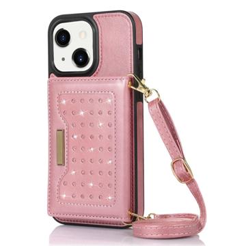 Funda con Cartera Rhinestone Decor para iPhone 14 Plus - Rosa Dorado