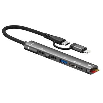 SVT02 Para iPhone+Adaptador de Hub Tipo-C a 2 Puertos Tipo-C+USB+2 Ranuras para Lector de Tarjetas - Gris