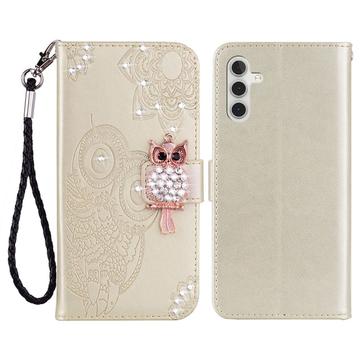 Samsung Galaxy A15 Búho Rhinestone Funda Billetera - Oro