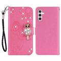 Samsung Galaxy A15 Búho Rhinestone Funda Cartera - Rosa Fuerte