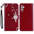 Samsung Galaxy A15 Búho Rhinestone Funda billetera - Rojo