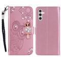 Samsung Galaxy A15 Búho Rhinestone Funda billetera - Oro rosa