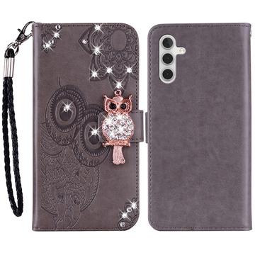 Samsung Galaxy A35 Búho Rhinestone Funda Billetera - Gris