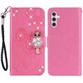 Samsung Galaxy A35 Búho Rhinestone Funda Cartera - Rosa Fuerte