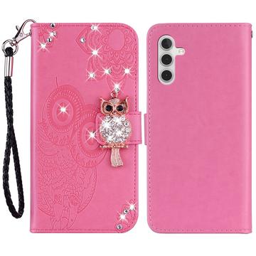 Samsung Galaxy A35 Búho Rhinestone Funda Cartera - Rosa Fuerte